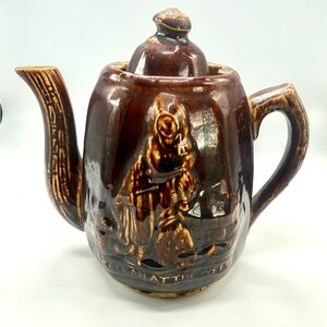 Antique 1800s Rockingham-Glazed Stoneware "Rebekah at the Well" Lidded Teapot